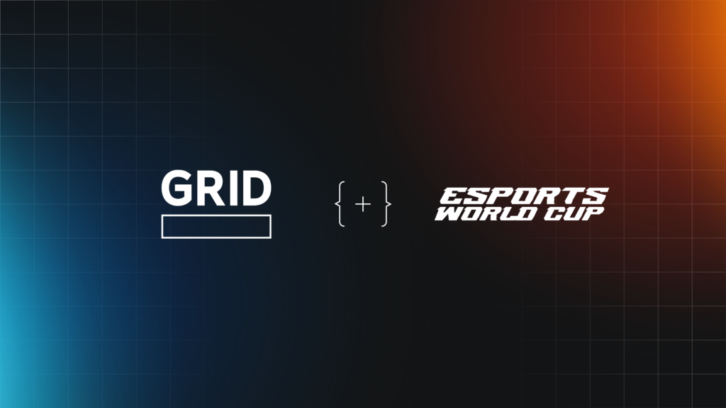 GRID and Esports World Cup logos on a dark gradient background transitioning from blue on the left to orange on the right, connected by a centered icon with curly braces and a plus sign, representing a tech partnership.