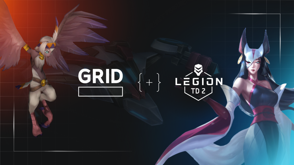 Two stylized fantasy characters from the game Legion TD 2 with the text "GRID + LEGION TD 2" on a dark grid-patterned background.