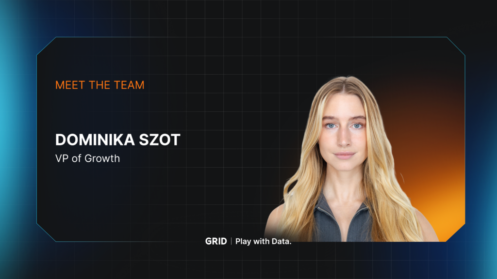 Portrait of Dominika Szot, VP of Growth at GRID, on a dark gradient background with GRID’s brand colors and the text “Meet the Team.”