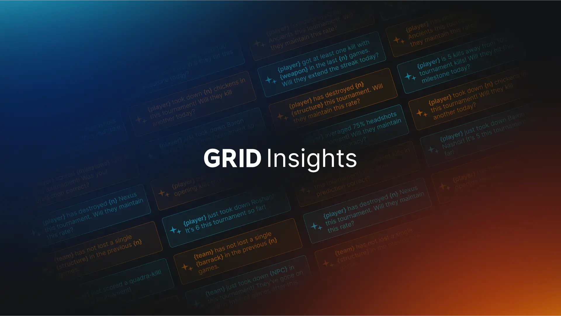 A dark, abstract background with glowing blue and orange gridlines overlaid with white text "GRID Insights" prominently in the center. Around the central text are various blurred examples of data points and questions, suggesting real-time analysis of esports tournament events, such as player kills, structure destruction, and team performance, with predictive questions about maintaining rates or extending streaks. The overall purpose of the image is to visually represent the concept of data-driven insights and real-time AI context in esports, specifically for GRID Insights.