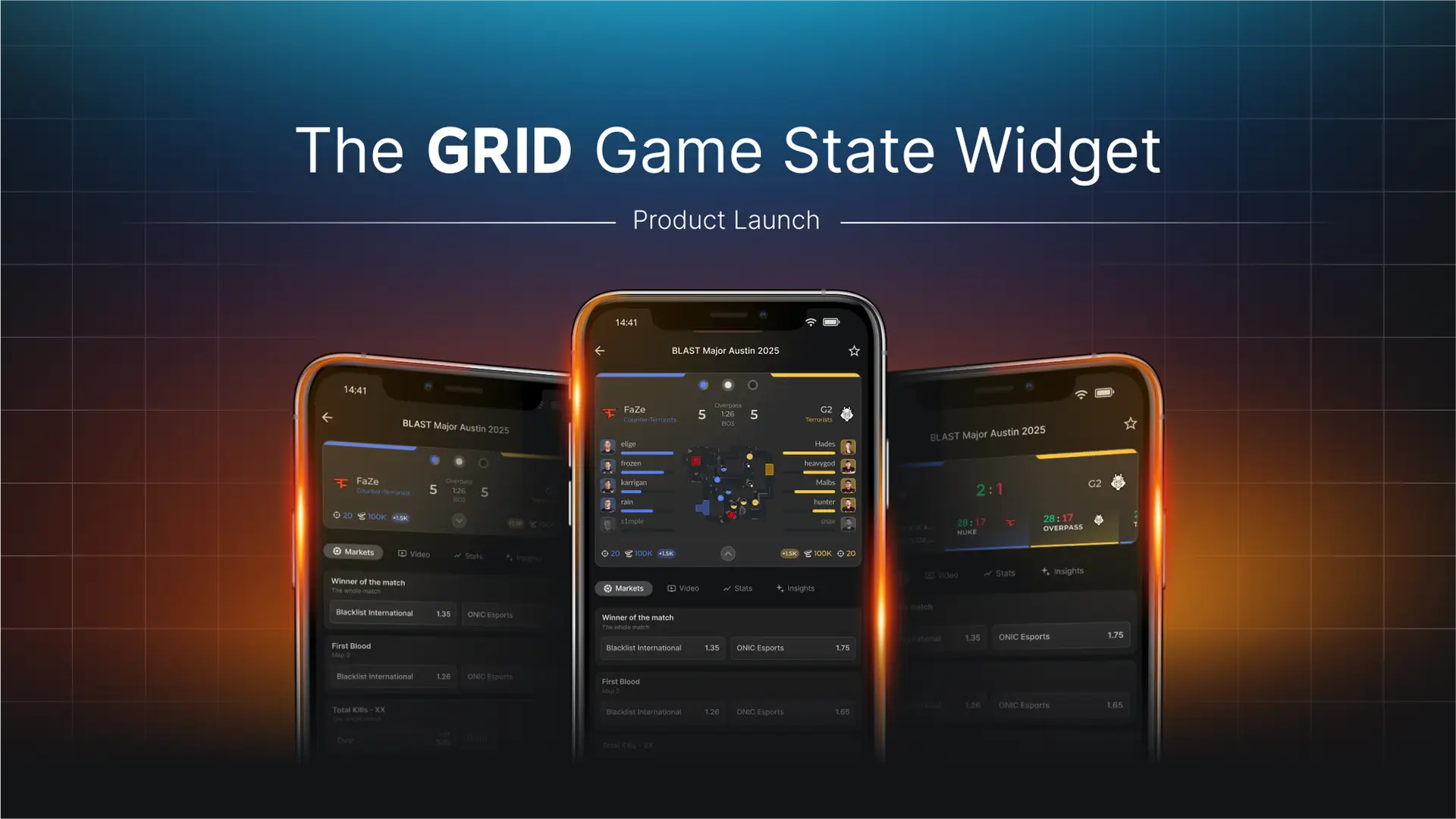 Mobile screens displaying a live esports game state widget with real-time player stats, team data, and in-game map insights.